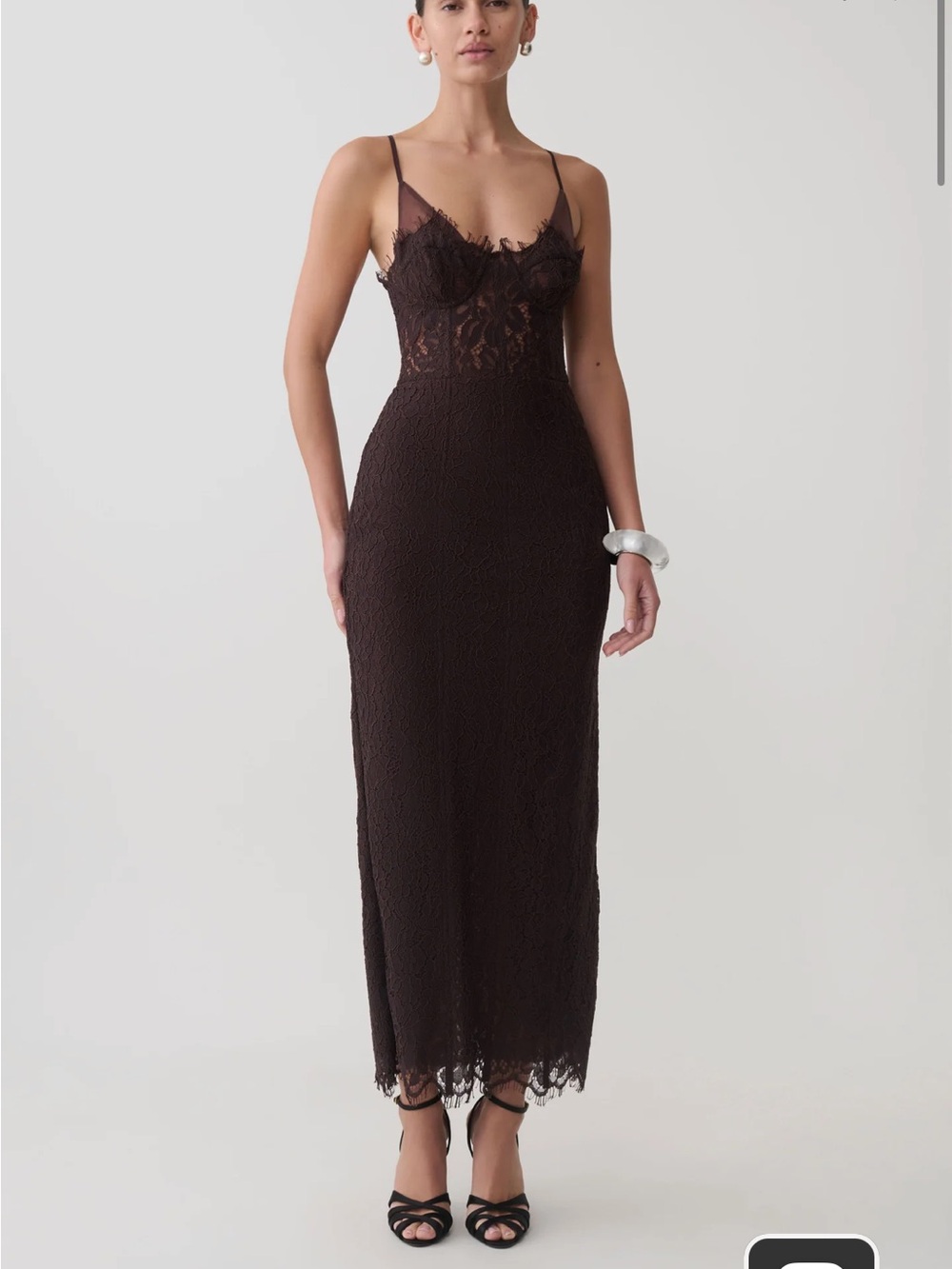 Lace Slip Midi Dress - Dark Brown